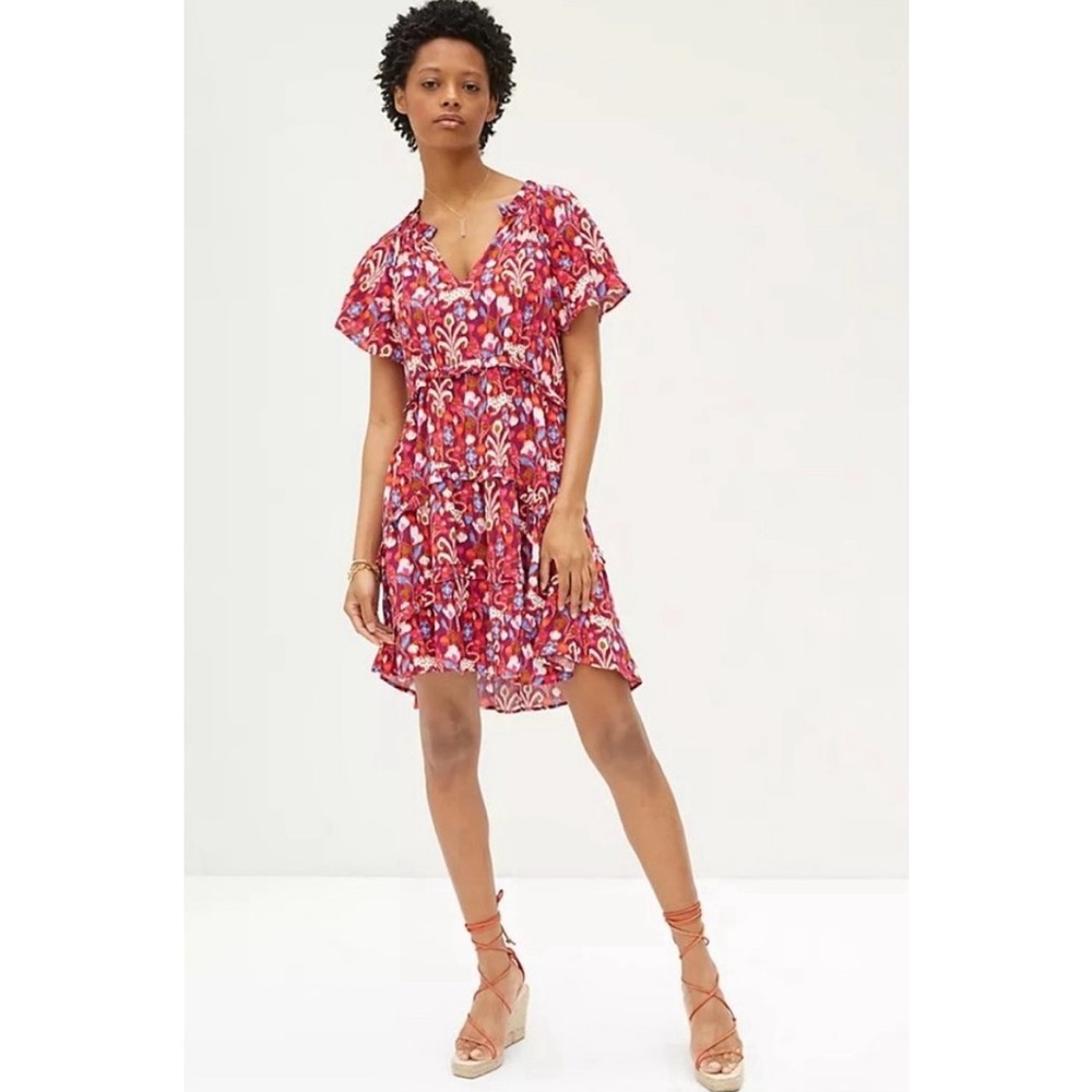 Anthropologie Robin Tiered Mini Dress in Red Orange Floral Print